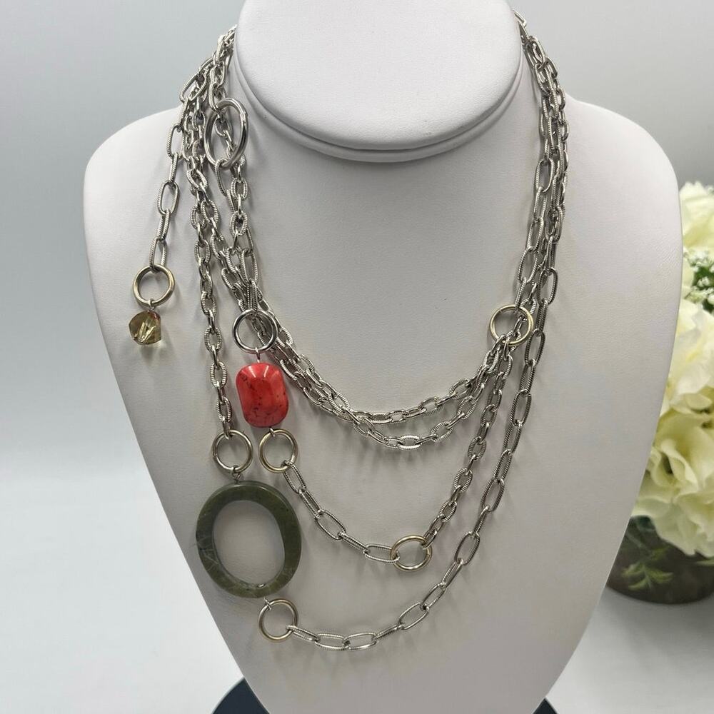 Emily Ray Boho Double Strand Stone Mixed Metal Chains Jade Green Coral‎ Necklace